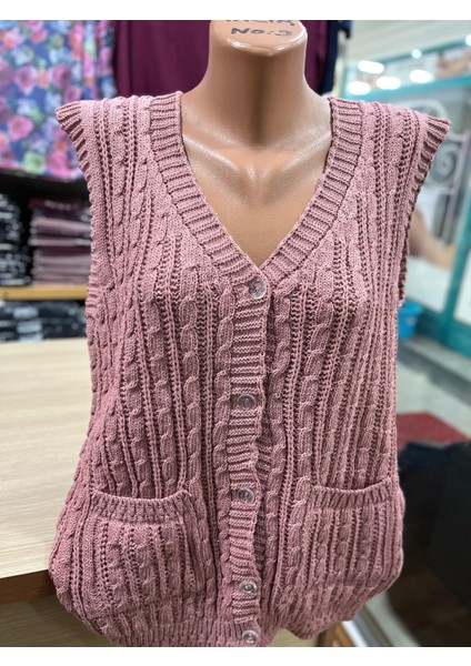 Kadın Triko Düğmeli Cepli Örgü Desen Yelek fiyatları