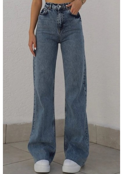 Kadın Açık Mavi Yüksek Bel Geniş Paça Bol,salaş Palazzo Jeans