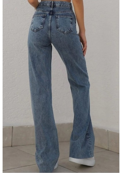 Kadın Açık Mavi Yüksek Bel Geniş Paça Bol,salaş Palazzo Jeans