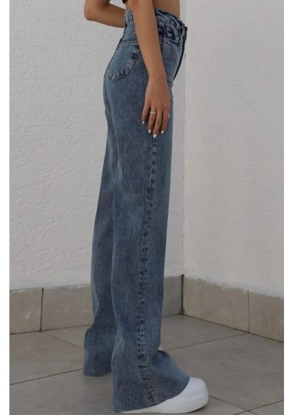Kadın Açık Mavi Yüksek Bel Geniş Paça Bol,salaş Palazzo Jeans