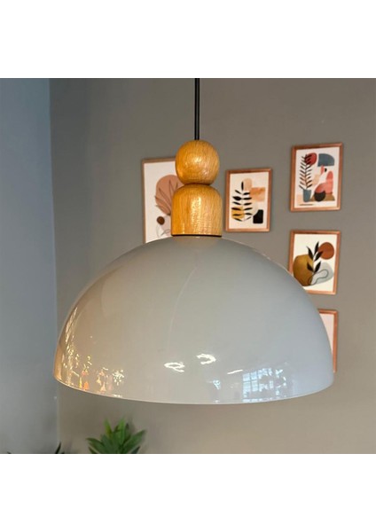 Yimpi Gri Kalın Ahşap Boncuk Başlık Avize Tekli Sarkıt Salon Dekoratif Aydınlatma Pastane