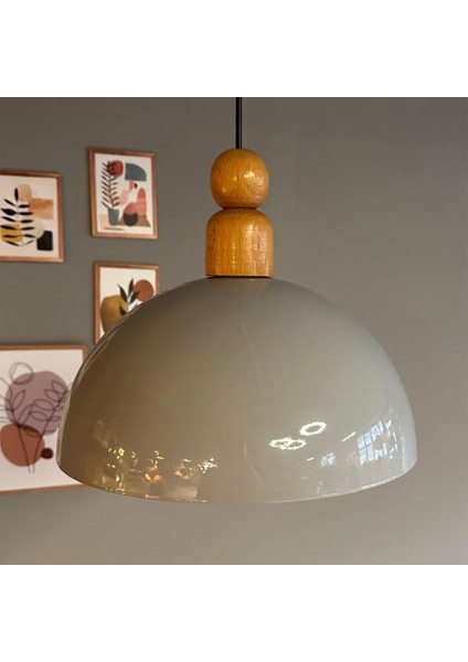 Yimpi Gri Kalın Ahşap Boncuk Başlık Avize Tekli Sarkıt Salon Dekoratif Aydınlatma Pastane