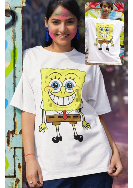 Kravatlı Sünger Bob Baskılı T-Shirt Erkek-Kadın Sponge Bob Baskılı T-Shirt