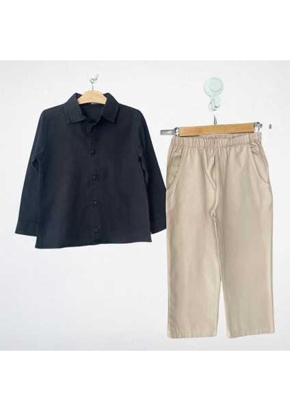 Keten Siyah Gömlek ve Gabardin Bej Pantolon Takım