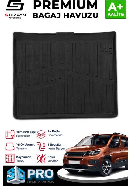 Peugeot Rifter Seperatörsüz 3D Pro Bagaj Havuzu 2019 Üzeri A+ Kalite