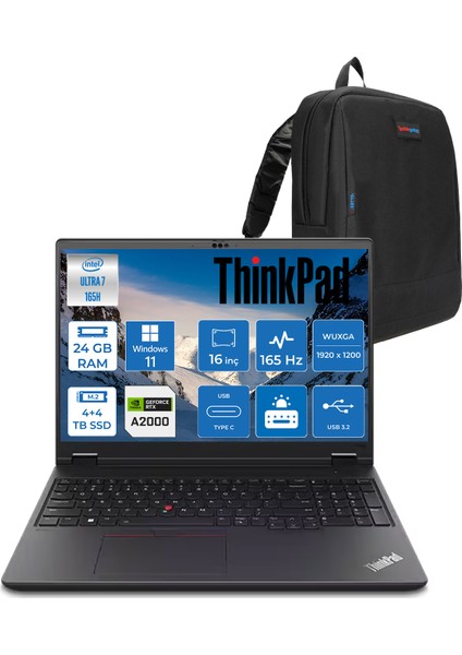 Thinkpad Mws P16V Gen2 Intel Ultra 7 165H Vpro Aı 24GB 5600MHZ 4tb SSD + 4tbssd 8GB/RTX2000ADA 16" Wuxga (1920X1200) IPS 400NITS Windows 11 Pro Taşınabilir Bilgisayar W21KX001MTXW08+ZETTAÇANTA