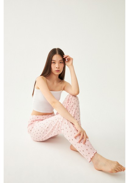 Kadın Pembe Çıtır Çiçek Desenli Baby Overlok Tek Pijama Pantolon