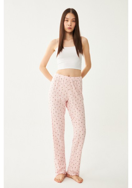 Kadın Pembe Çıtır Çiçek Desenli Baby Overlok Tek Pijama Pantolon
