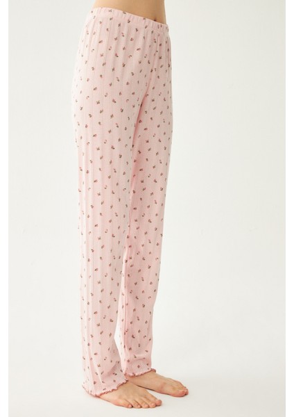 Kadın Pembe Çıtır Çiçek Desenli Baby Overlok Tek Pijama Pantolon