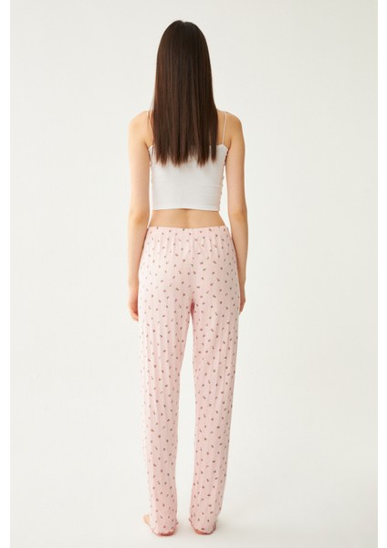 Kadın Pembe Çıtır Çiçek Desenli Baby Overlok Tek Pijama Pantolon