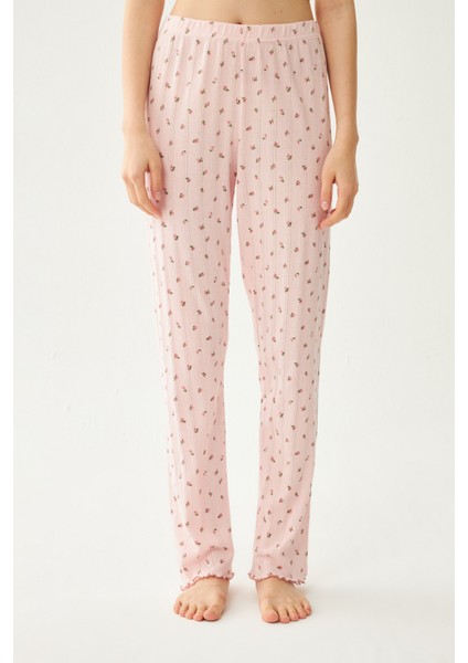 Kadın Pembe Çıtır Çiçek Desenli Baby Overlok Tek Pijama Pantolon