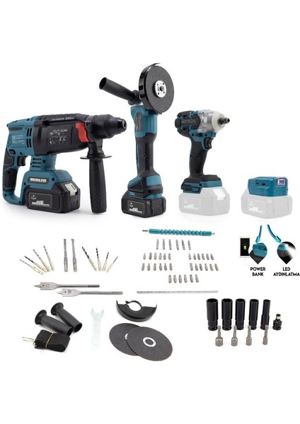 4lü Dörtlü Sarjlı Set Somun Sıkma Vidalama Matkap Hilti+Spral+Powerbank