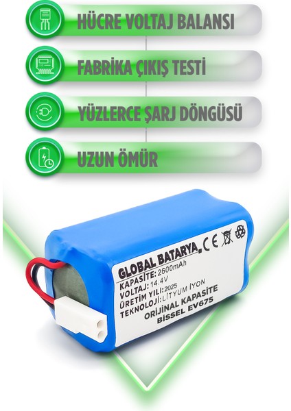 Bissell EV675 Uyumlu Akıllı Robot Süpürge Bataryası 14.4V 2600mAh Pil (Orijinal Kapasite)
