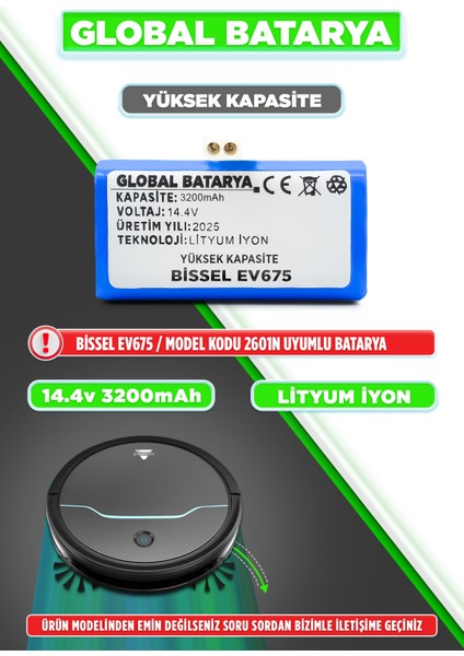 Bissell EV675 Uyumlu Akıllı Robot Süpürge Bataryası 14.4V 3200mAh Li-ion Pil (Yüksek Kapasite)