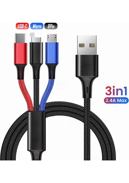 Hp-11 3 In 1 Hızlı Şarj Kablosu 2.4A 120 cm Type-C USB Micro iPhone iPad Xiaomi Huawei Data Kablo