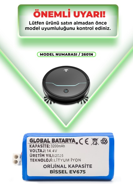 Bissell EV675 Uyumlu Akıllı Robot Süpürge Bataryası 14.4V 3200mAh Li-ion Pil (Yüksek Kapasite)