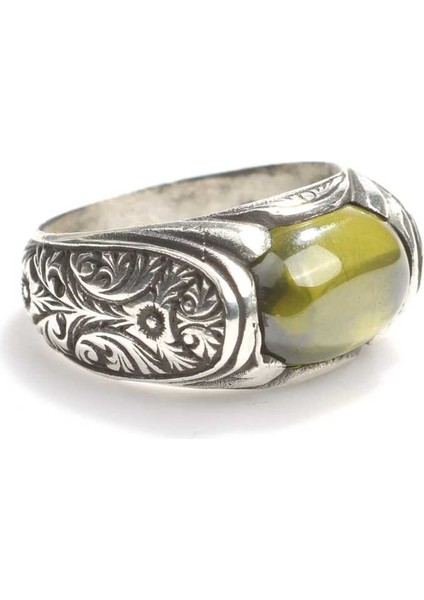 925 Ayar Gümüş Oval Taşlı Peridot Erkek Yüzük