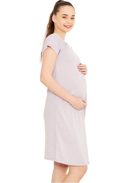 MYRA9585 Yandan Çıt Çıtlı Hamile Geceliği - Mor Çizgili