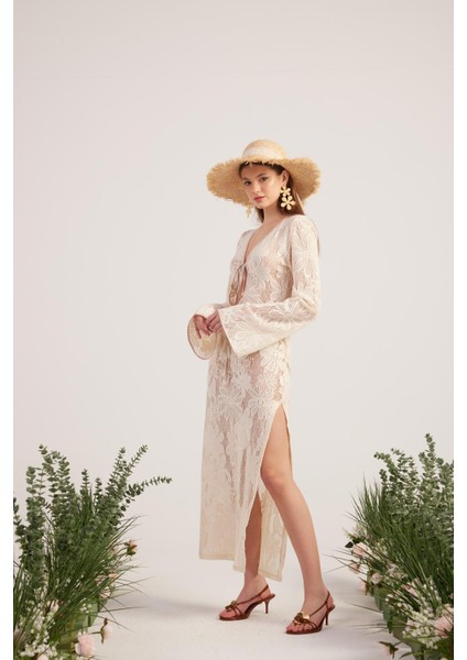 Çiçek Motifli Uzun Zeya Triko Elbise Bej fiyatları