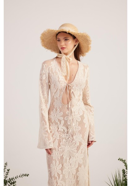 Çiçek Motifli Uzun Zeya Triko Elbise Bej modelleri