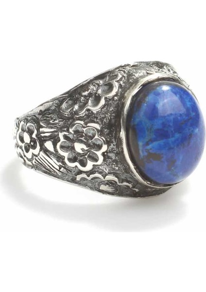 925 Ayar Gümüş Oval Lapis Taşlı Kolları Işlemeli Erkek Yüzük