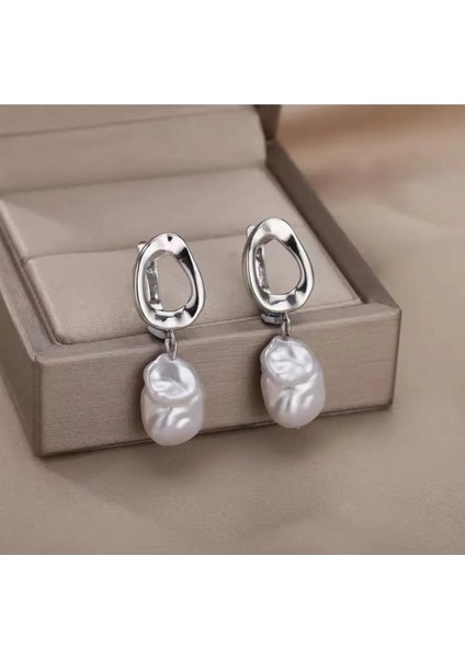 Çelik Silver Doğal Inci Görünümlü Sallanan Küpe