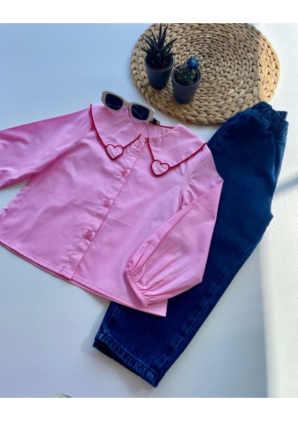Kalp Detaylı Pembe Gömlek ve Koyu Mavi Kot Pantolon Takım modelleri