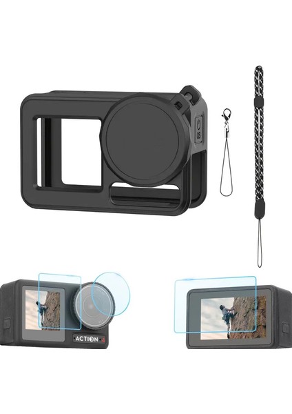 Dji Osmo Action 4 ve 3 Uyumlu Silikon Kılıf ve 9h Temperli Cam Ekran Koruyucu Seti