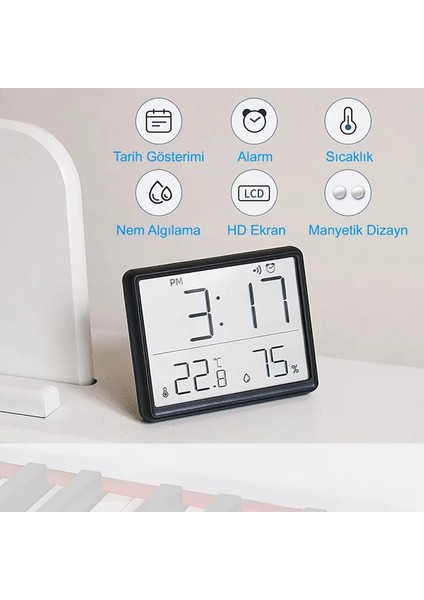 Mıknatıslı LCD Dijital Ekran 9x7 cm Pilli Mini Saat Alarm Saat Nem Göstergesi Sıcaklık Ölçer modelleri