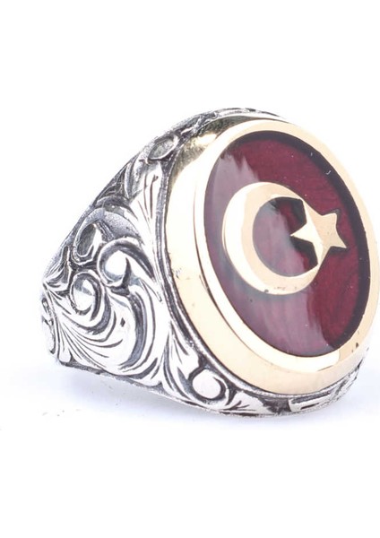 925 Ayar Gümüş ve Bronz Oval Kırmızı Mineli Ay Yıldız Desenli Erkek Yüzük