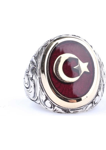 925 Ayar Gümüş ve Bronz Oval Kırmızı Mineli Ay Yıldız Desenli Erkek Yüzük modelleri