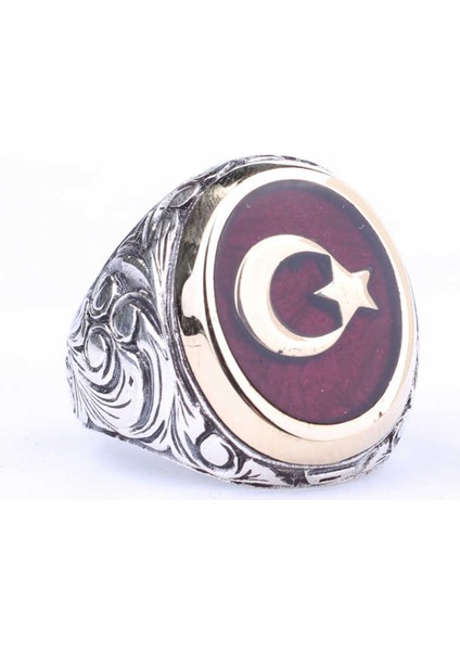 925 Ayar Gümüş ve Bronz Oval Kırmızı Mineli Ay Yıldız Desenli Erkek Yüzük fırsatları