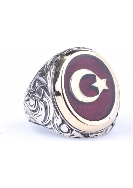 925 Ayar Gümüş ve Bronz Oval Kırmızı Mineli Ay Yıldız Desenli Erkek Yüzük indirimleri