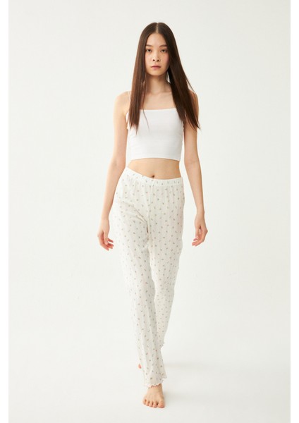 Kadın Ekru Çıtır Çiçek Desenli Baby Overlok Tek Pijama Pantolon