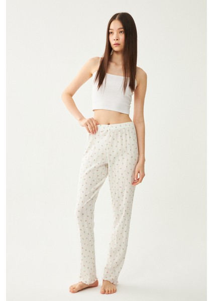 Kadın Ekru Çıtır Çiçek Desenli Baby Overlok Tek Pijama Pantolon