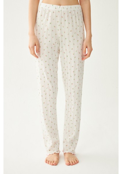 Kadın Ekru Çıtır Çiçek Desenli Baby Overlok Tek Pijama Pantolon