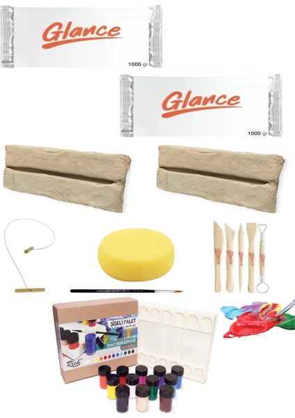 Doğal Seramik Hamuru Seramik Hamuru 1000GRX2 gr Şişeli Palet 25ML 12'li Akrilik Set Doku Süngeri Set