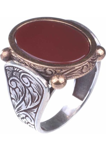 925 Ayar Gümüş ve Bronz Karışımı Oval Akik Taş Erkek Yüzük