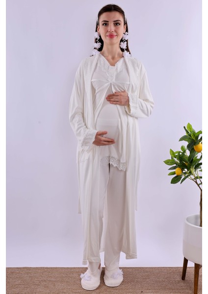 Ekru Sabahlıklı Hamile Lohusa Pijama Takımı BYL240342