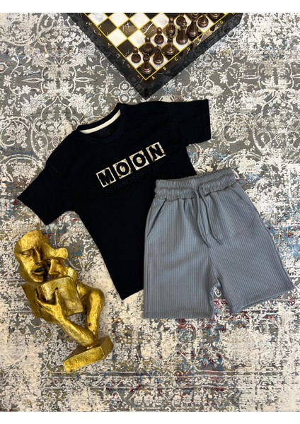 Erkek Çocuk "moon" Baskılı Tişört ve Ribanalı Şort Takımı - %100 Pamuk
