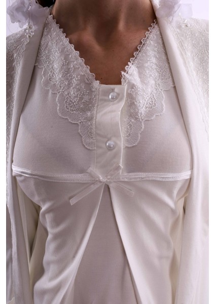 Ekru Sabahlıklı Hamile Lohusa Pijama Takımı BYL240342