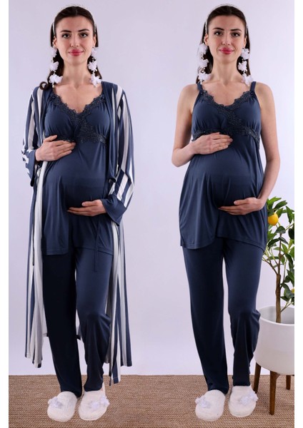 Lacivert Sabahlıklı Hamile Lohusa Pijama Takımı BYL290342