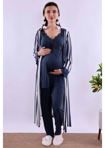 Lacivert Sabahlıklı Hamile Lohusa Pijama Takımı BYL290342