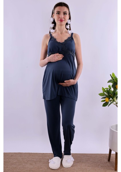 Lacivert Sabahlıklı Hamile Lohusa Pijama Takımı BYL290342