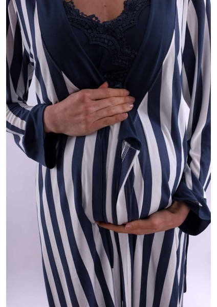 Lacivert Sabahlıklı Hamile Lohusa Pijama Takımı BYL290342