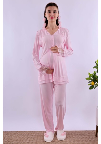 Pembe Sabahlıklı Hamile Lohusa Pijama Takımı BYL224242