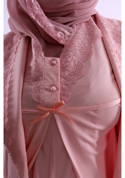 Pembe Tesettürlü Sabahlıklı Hamile Lohusa Pijama Takımı BYL2T40342 indirimleri