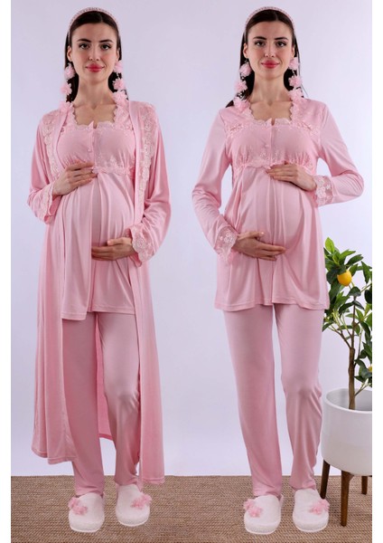 Pembe Uzun Sabahlıklı Hamile Lohusa Pijama Takımı BYL224072