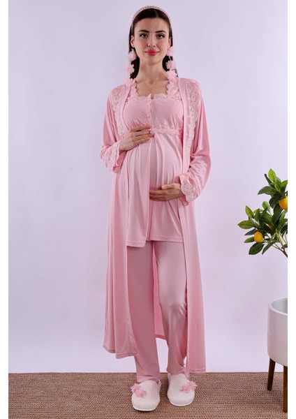 Pembe Uzun Sabahlıklı Hamile Lohusa Pijama Takımı BYL224072