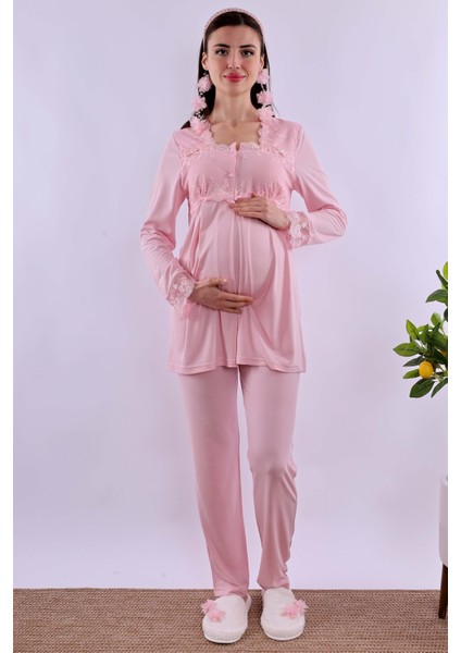 Pembe Uzun Sabahlıklı Hamile Lohusa Pijama Takımı BYL224072